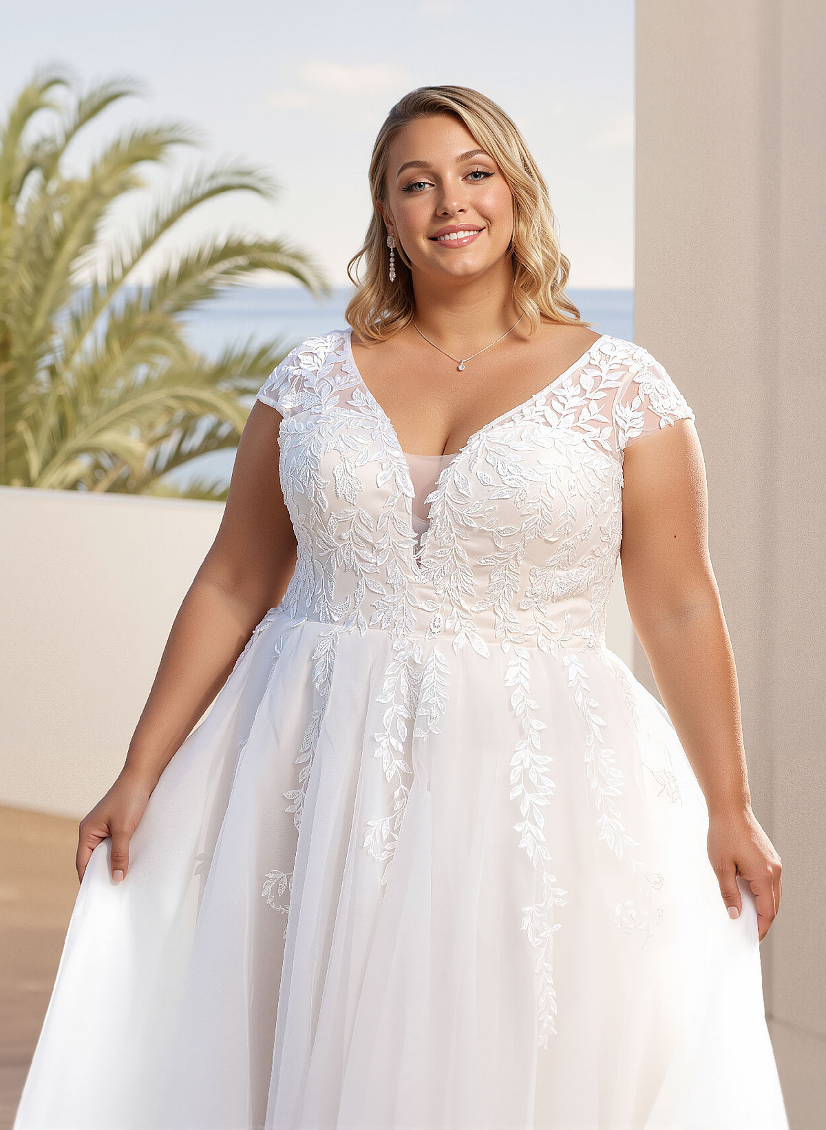 Plus Size A-Line V-Neck Sleeveless Sweep Train Tulle Wedding Dresses With Lace, product image 3