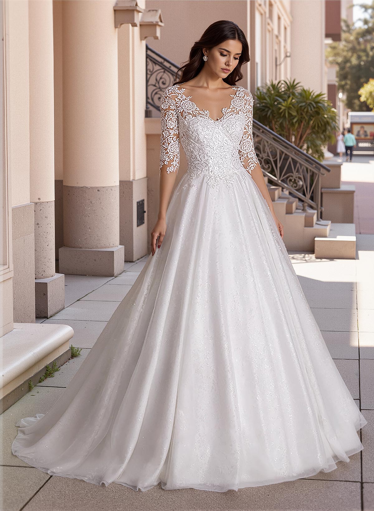 Curve Elegant Ball Gown V-Neck Sleeves Wedding Dresses With Appliques Lace, product image 1