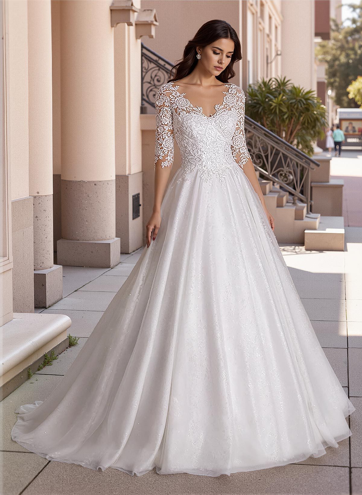 Curve Elegant Ball Gown V-Neck Sleeves Wedding Dresses With Appliques Lace in Ivory, US2
