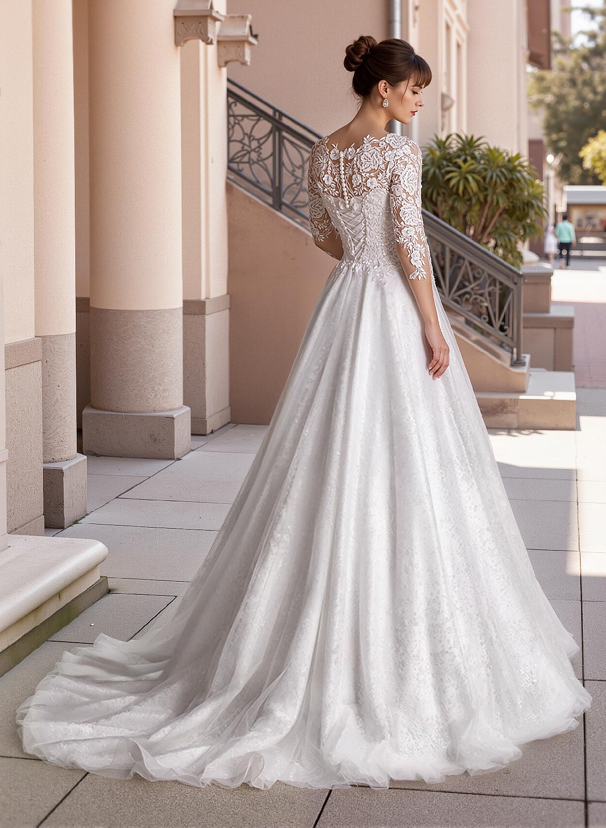 Curve Elegant Ball Gown V-Neck Sleeves Wedding Dresses With Appliques Lace, product image 2