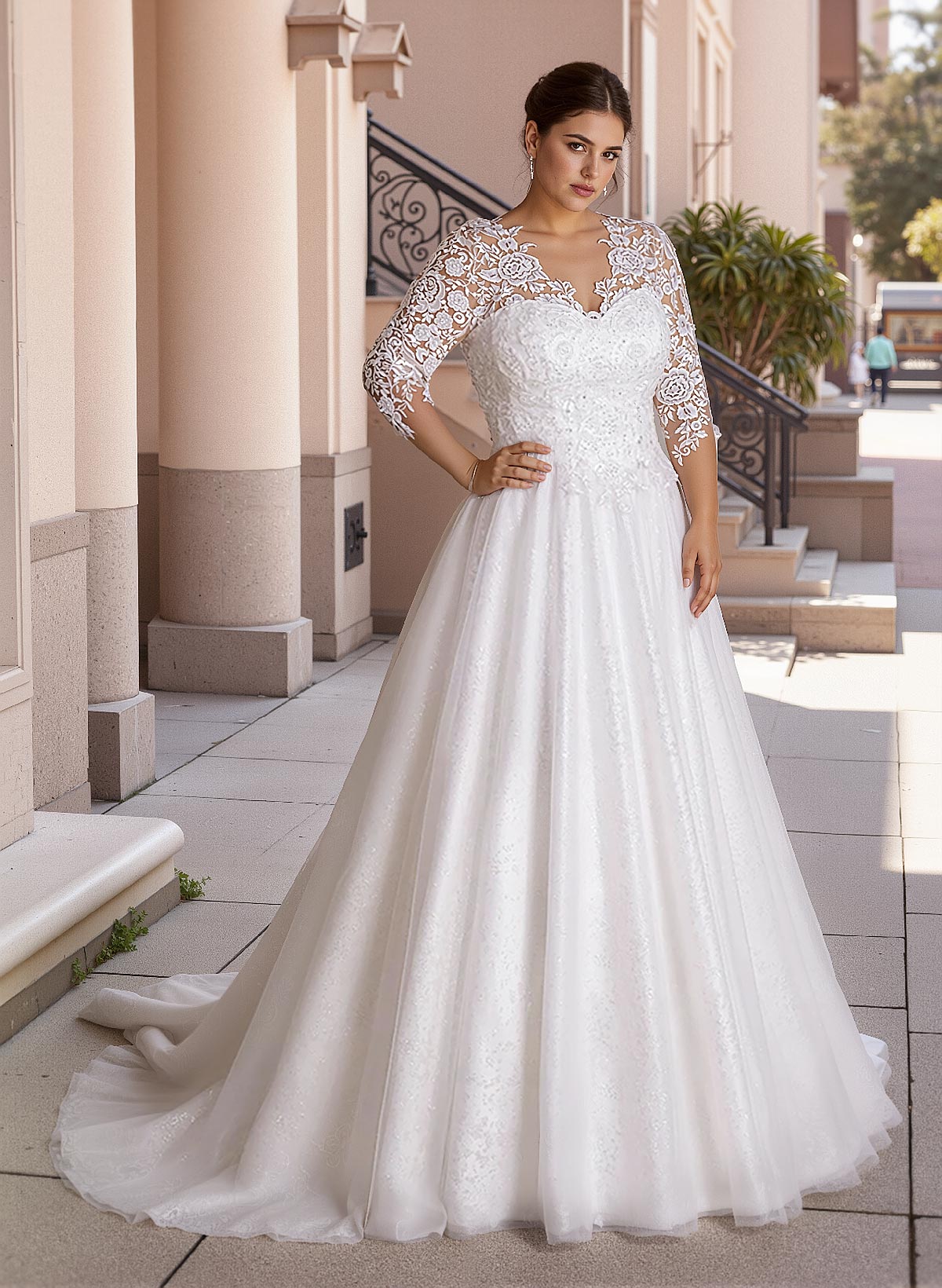 Curve Elegant Ball Gown V-Neck Sleeves Wedding Dresses With Appliques Lace, product image 3