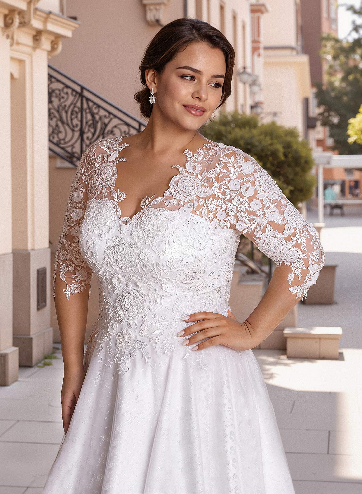 Curve Elegant Ball Gown V-Neck Sleeves Wedding Dresses With Appliques Lace, product image 4