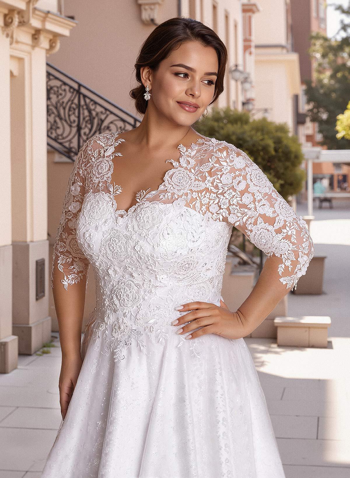 Curve Elegant Ball Gown V-Neck Sleeves Wedding Dresses With Appliques Lace, product image 4