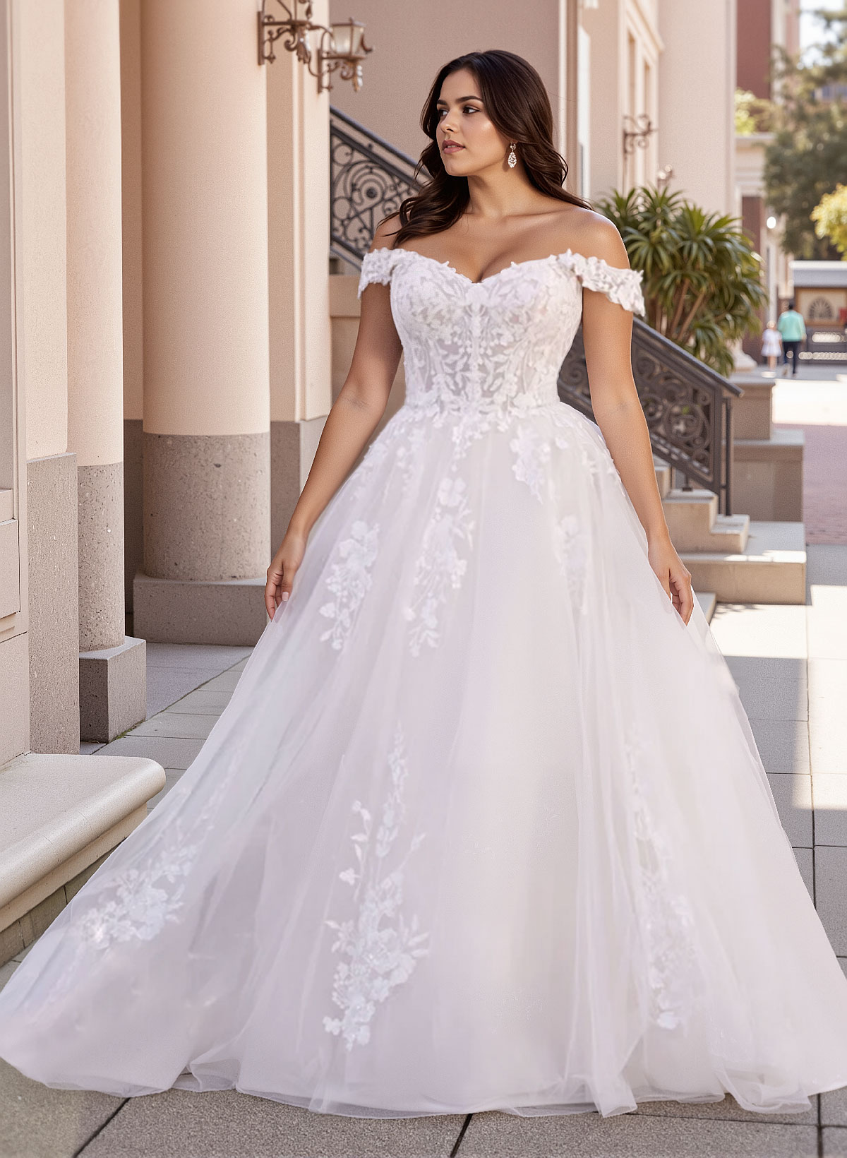 Plus Size A-Line Off-The-Shoulder Sweep Train Tulle Wedding Dresses With Lace, product image 5