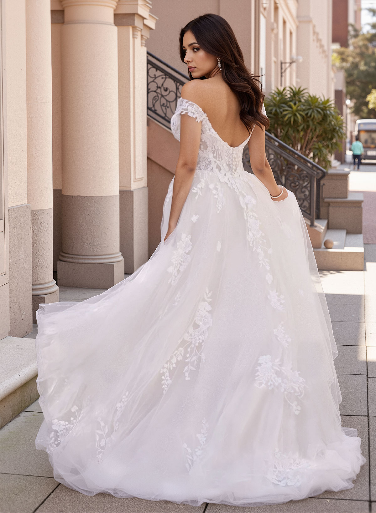 Plus Size A-Line Off-The-Shoulder Sweep Train Tulle Wedding Dresses With Lace, product image 6