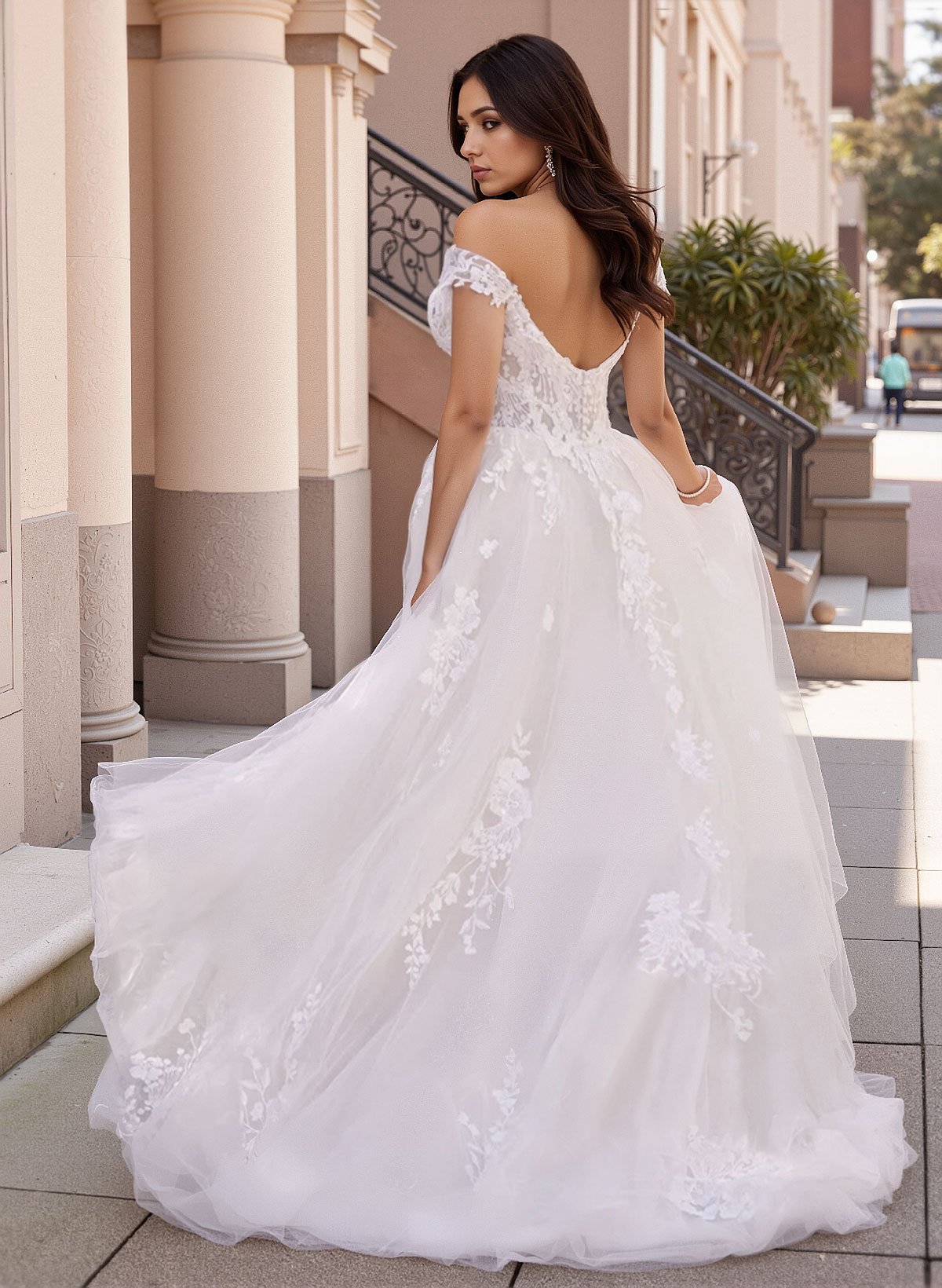 Plus Size A-Line Off-The-Shoulder Sweep Train Tulle Wedding Dresses With Lace, product image 6