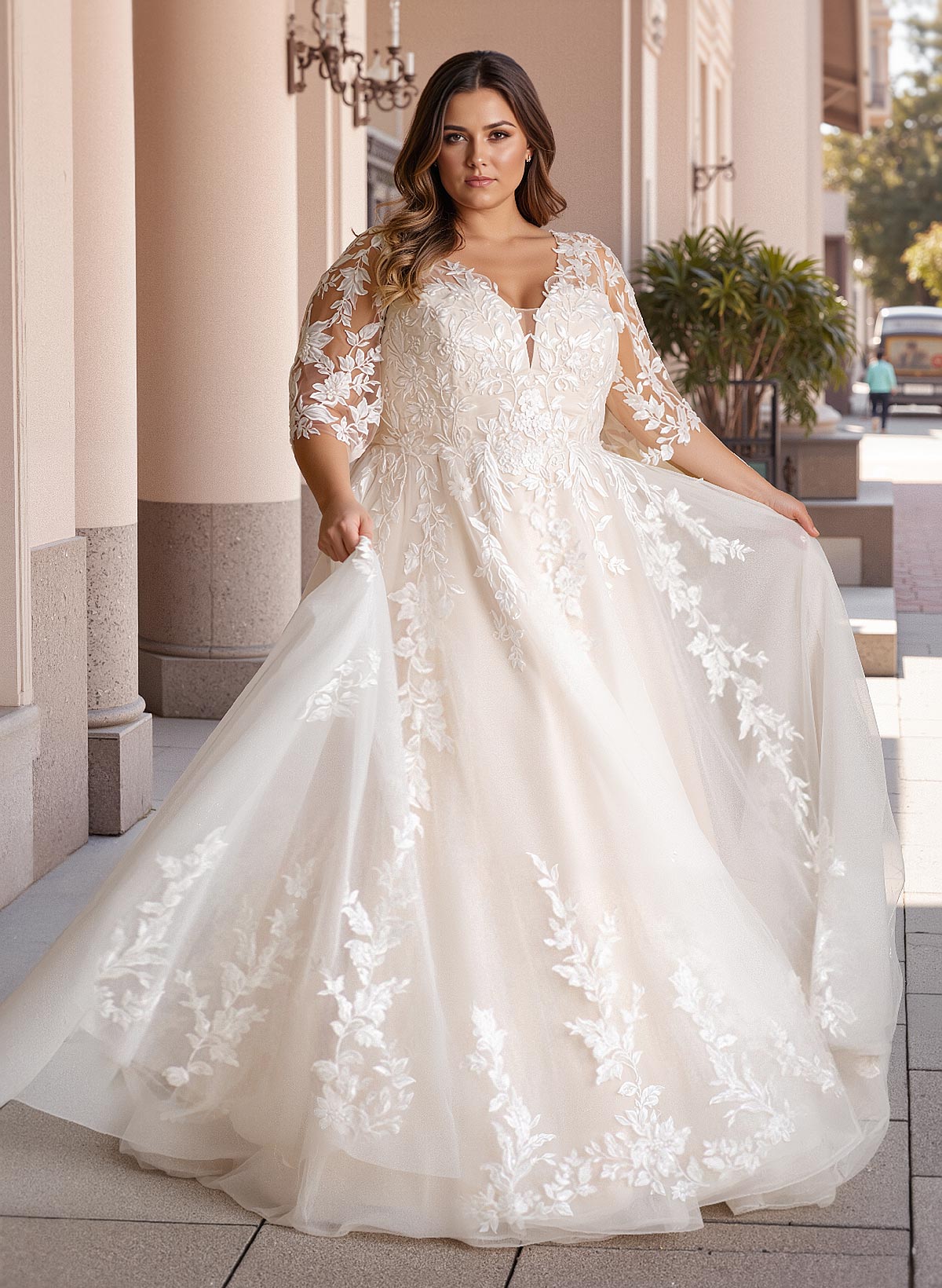 Plus Size A-Line V-Neck 3/4 Sleeves Sweep Train Tulle Wedding Dresses With Lace in As Picture, US2