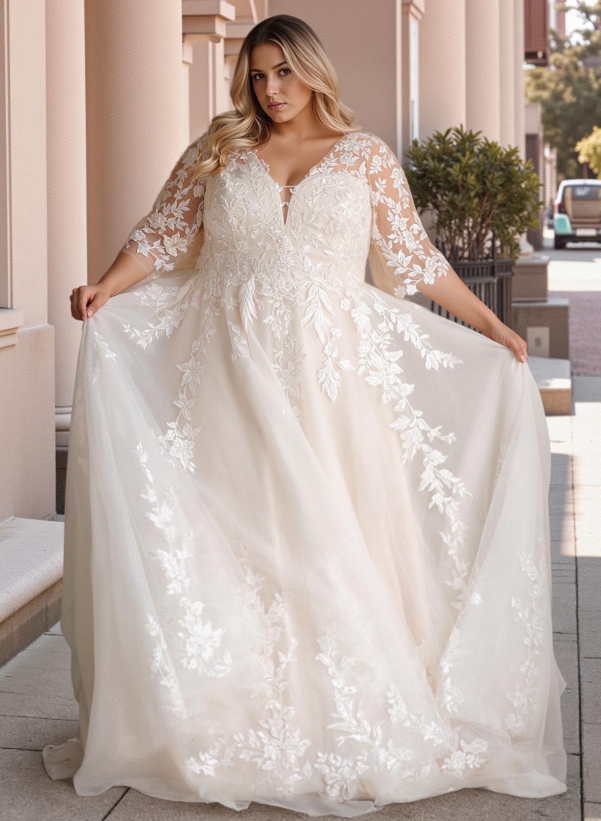 Plus Size A-Line V-Neck 3/4 Sleeves Sweep Train Tulle Wedding Dresses With Lace, product image 2