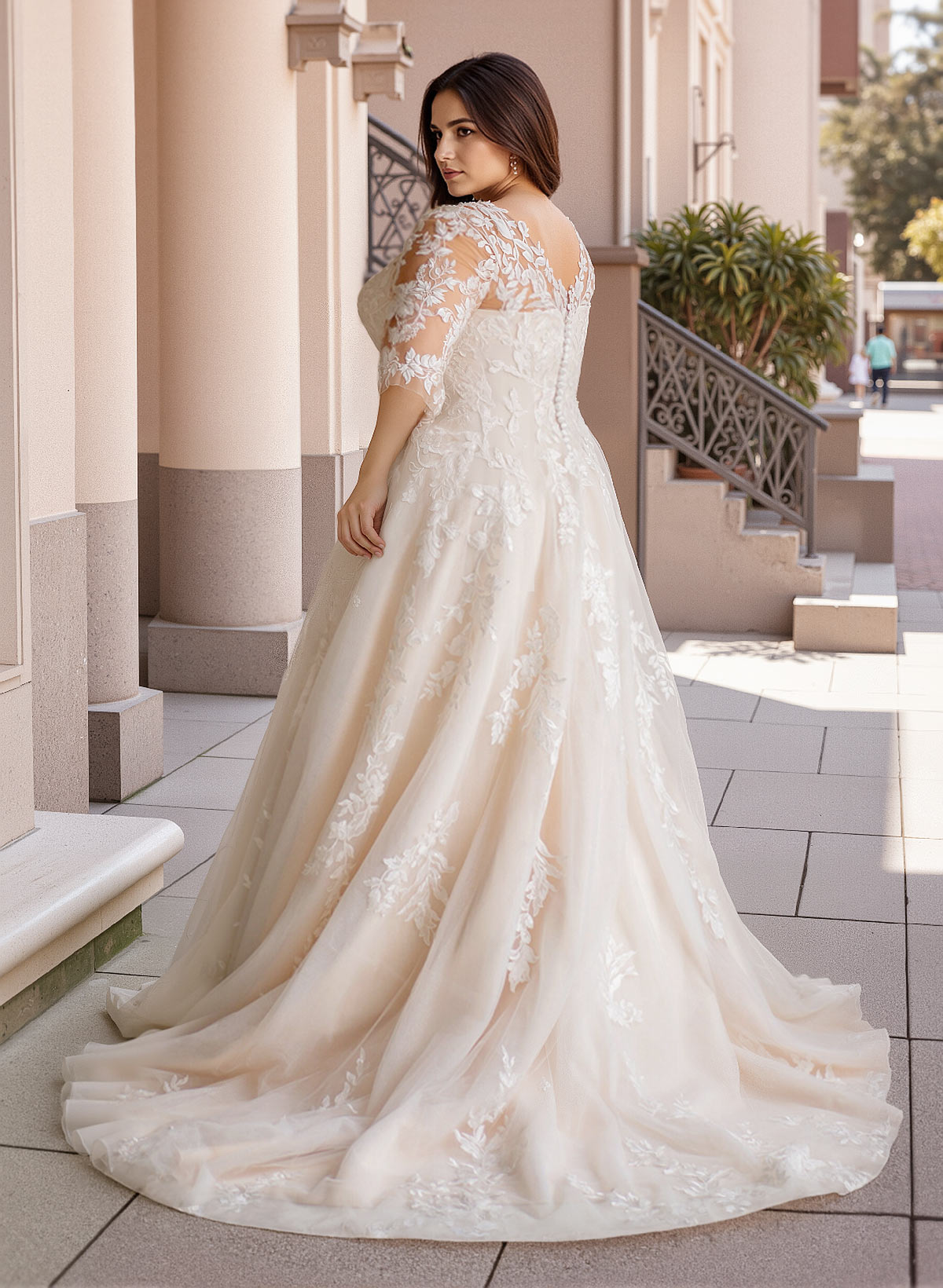 Plus Size A-Line V-Neck 3/4 Sleeves Sweep Train Tulle Wedding Dresses With Lace, product image 3