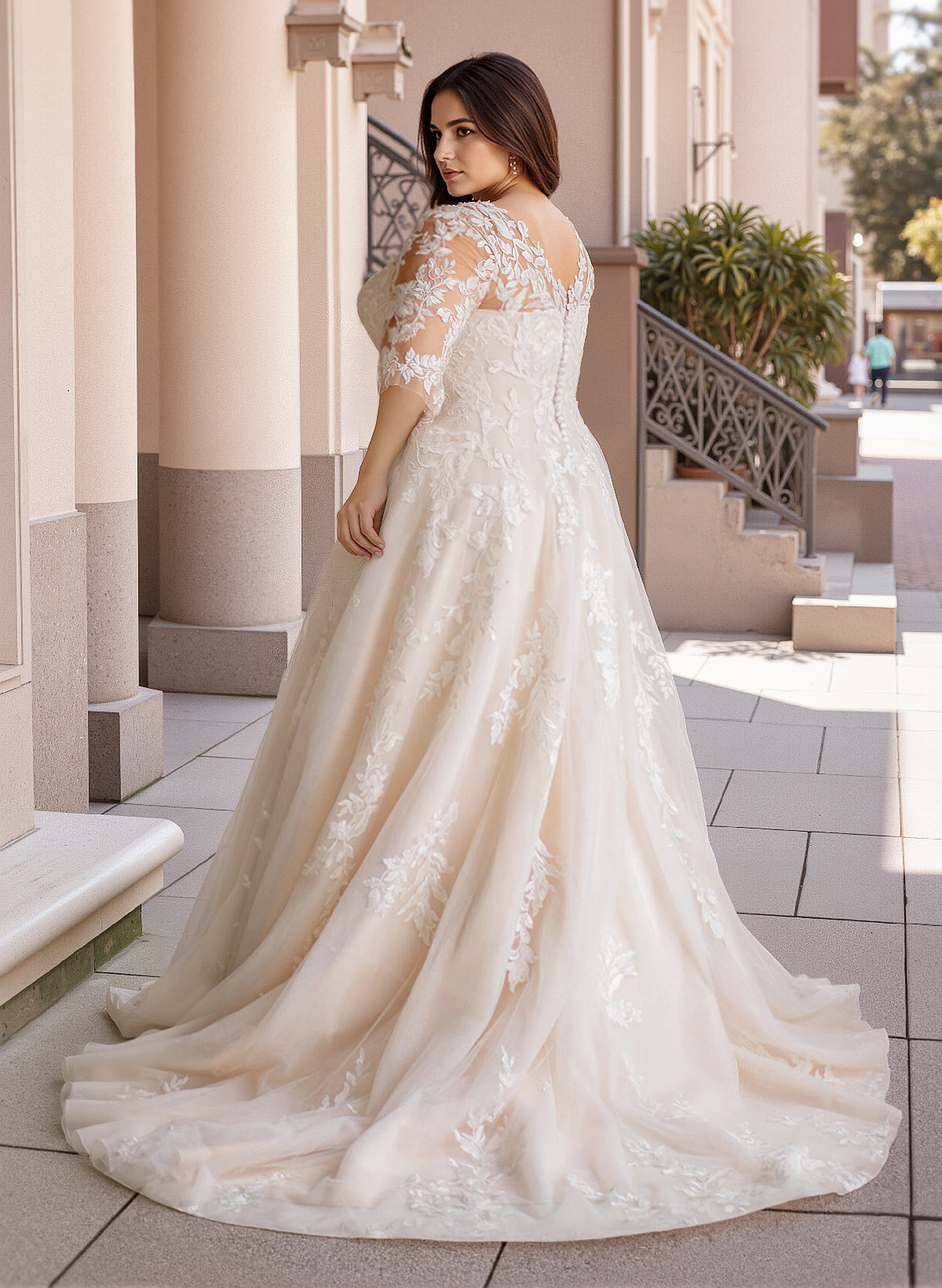 Plus Size A-Line V-Neck 3/4 Sleeves Sweep Train Tulle Wedding Dresses With Lace, product image 3