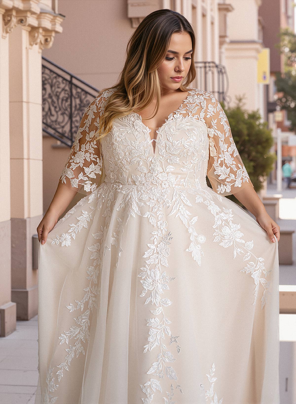 Plus Size A-Line V-Neck 3/4 Sleeves Sweep Train Tulle Wedding Dresses With Lace, product image 4