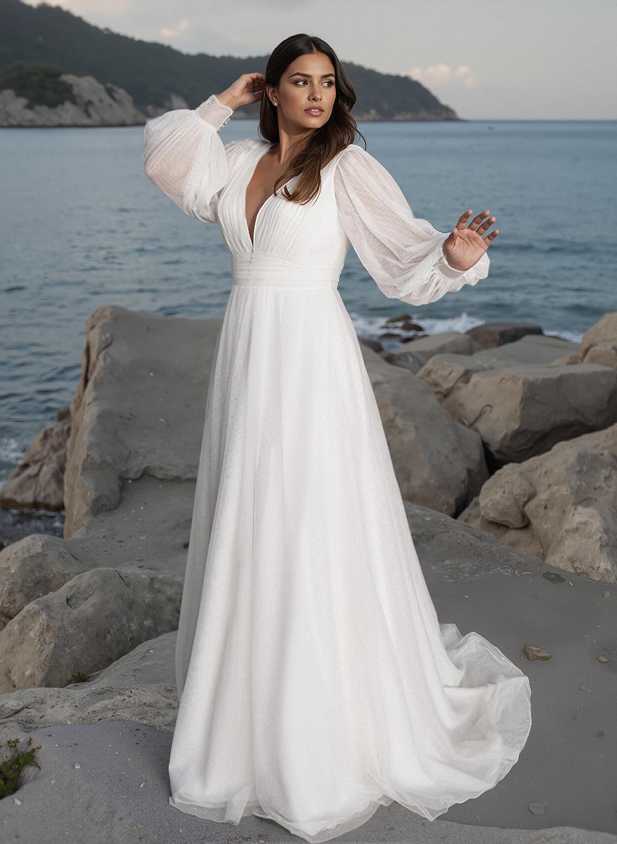 Boho Curve A-Line Long Sleeves Tulle Wedding Dresses With V-Neck, product image 1