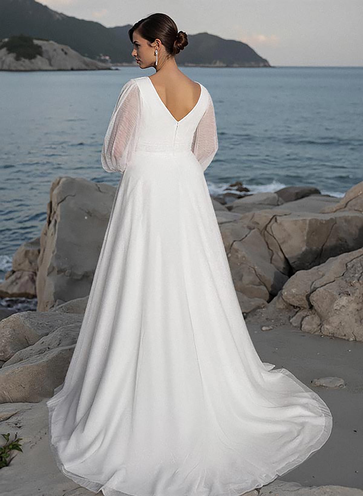 Boho Curve A-Line Long Sleeves Tulle Wedding Dresses With V-Neck, product image 2