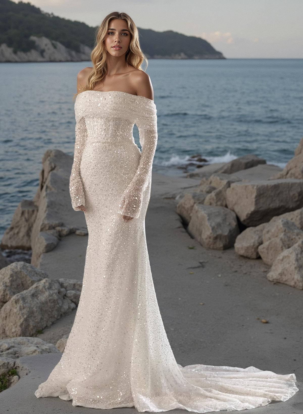 Mermaid Off-The-Shoulder/Sweetheart Long Sleeves Sequined Wedding Dresses, image 2