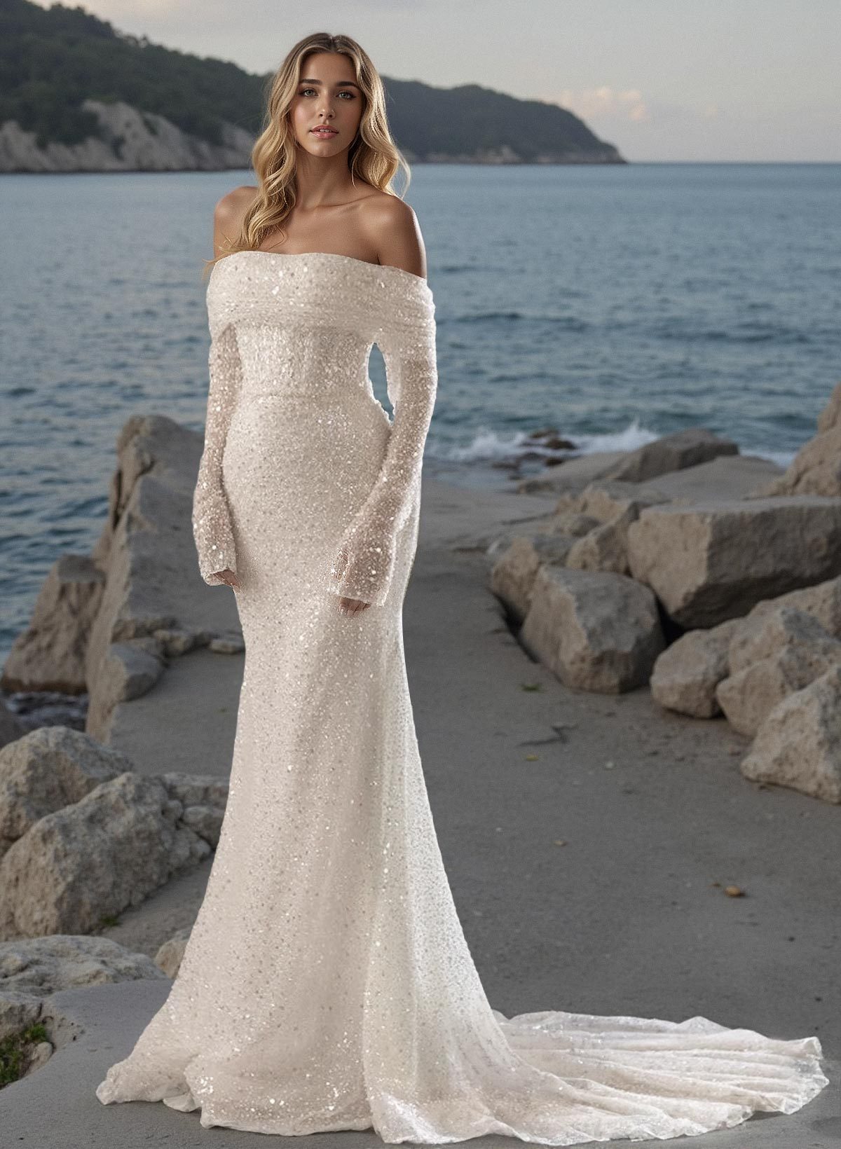 Mermaid Off-The-Shoulder/Sweetheart Long Sleeves Sequined Wedding Dresses, image 2