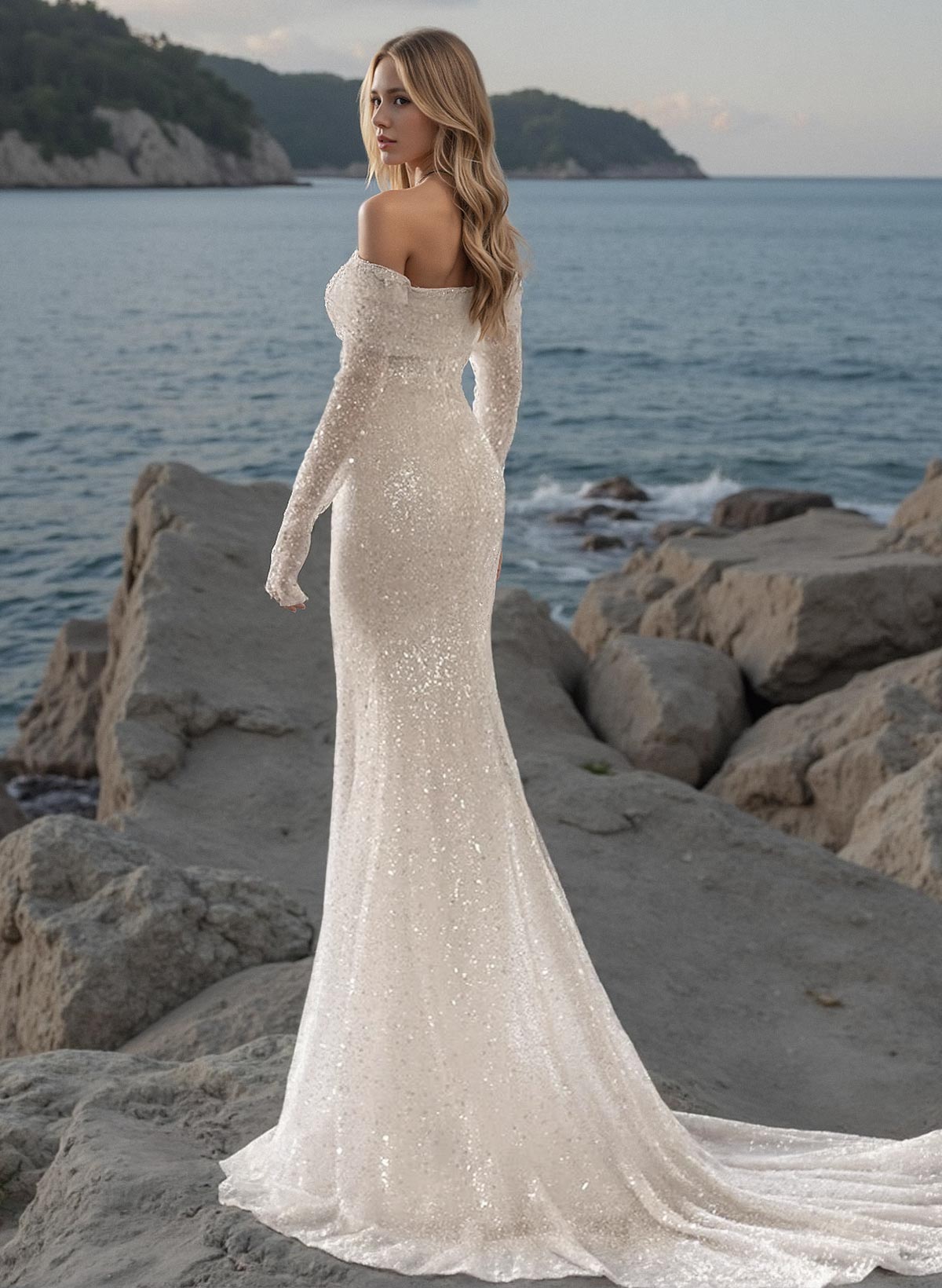Mermaid Off-The-Shoulder/Sweetheart Long Sleeves Sequined Wedding Dresses, image 3