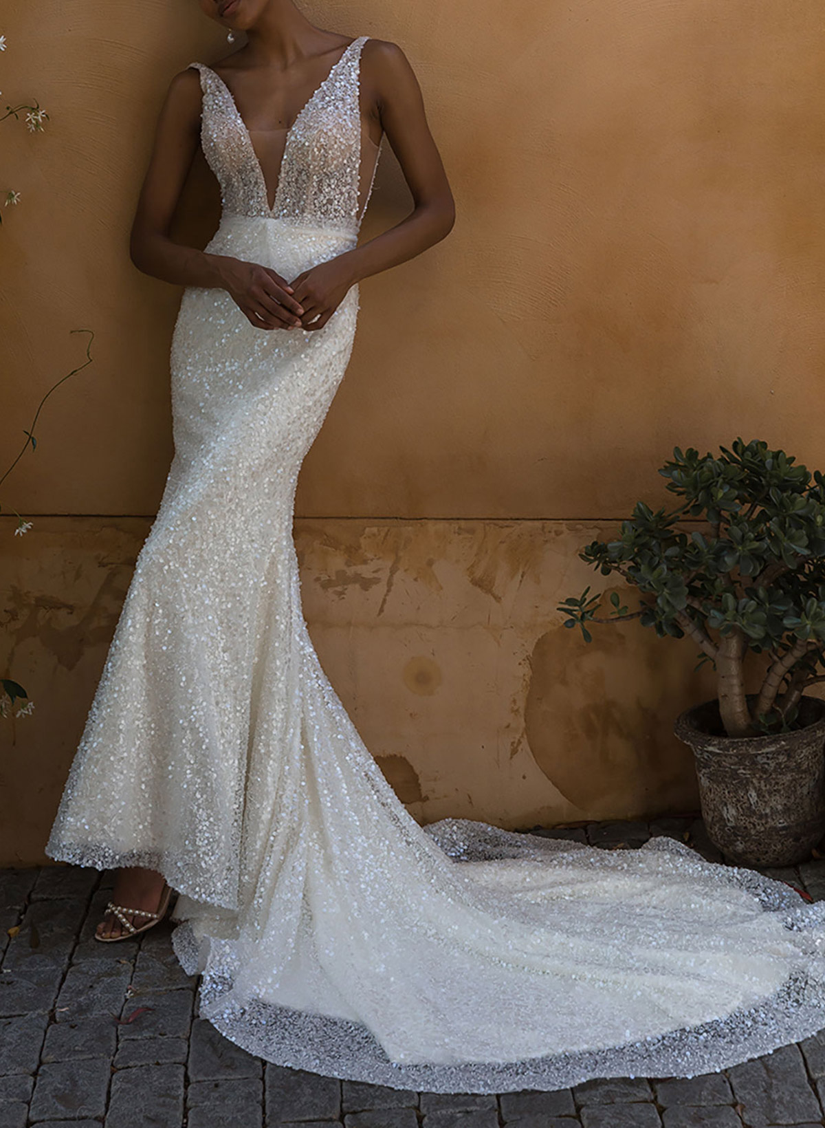 Sparkle Regular Straps V-Neck Mermaid Court Train Sequined Wedding Dresses, image 2