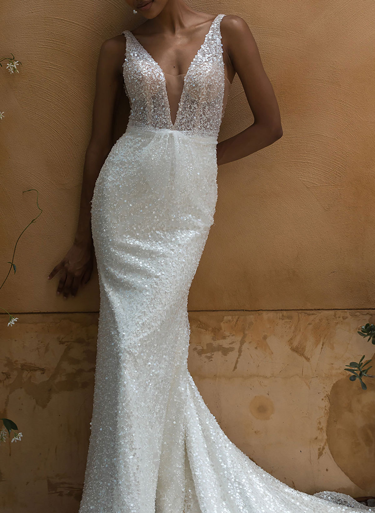 Sparkle Regular Straps V-Neck Mermaid Court Train Sequined Wedding Dresses, image 3