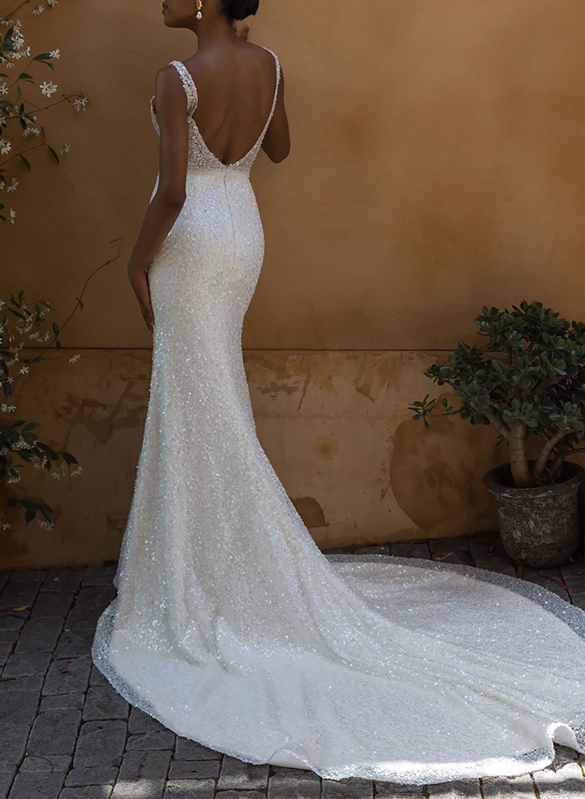 Sparkle Regular Straps V-Neck Mermaid Court Train Sequined Wedding Dresses, image 4
