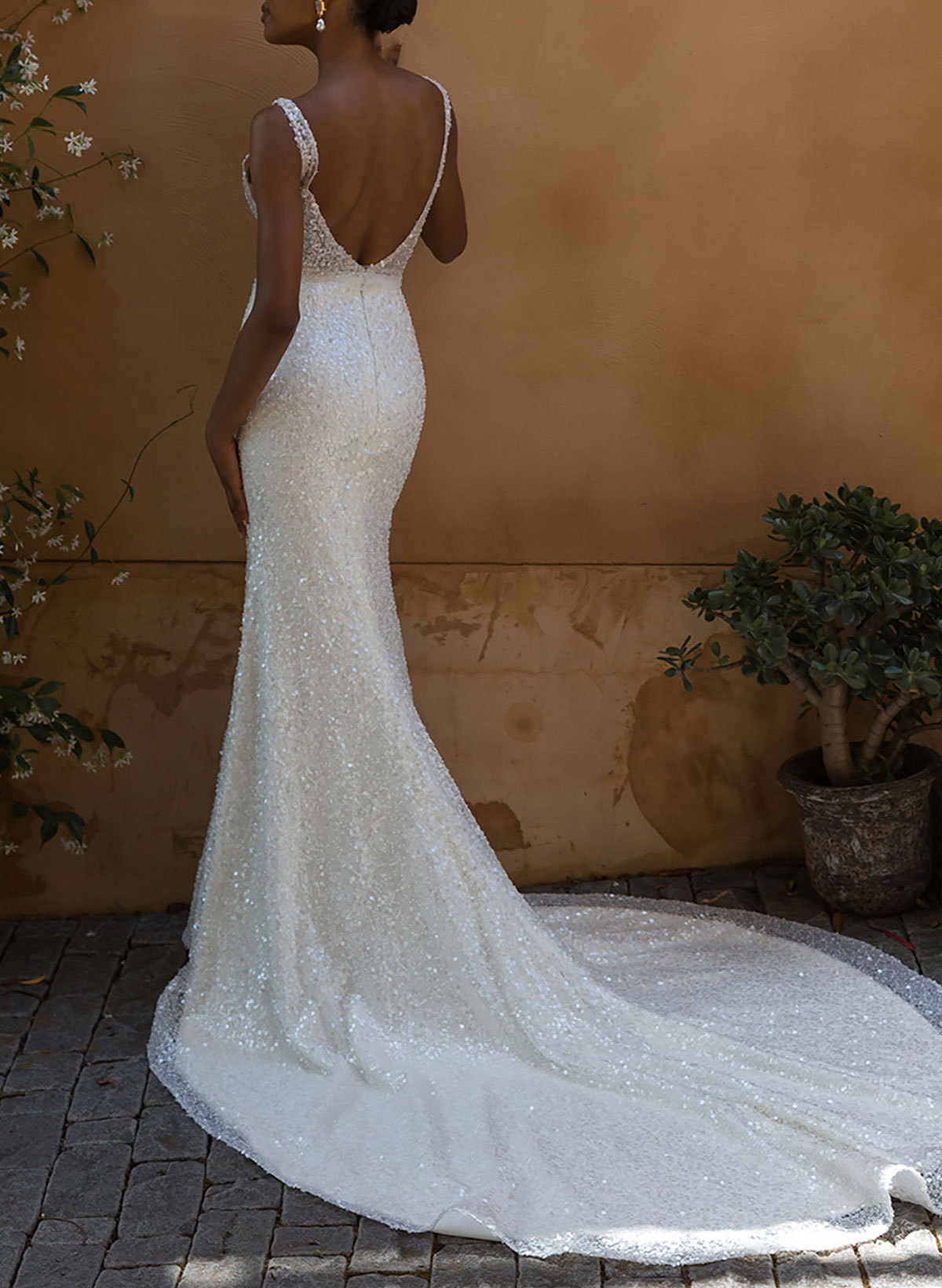 Sparkle Regular Straps V-Neck Mermaid Court Train Sequined Wedding Dresses, image 4