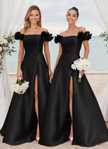 Unique Ruffle Flower(s) Off-The-Shoulder High Split A-Line Satin Bridesmaid Dresses