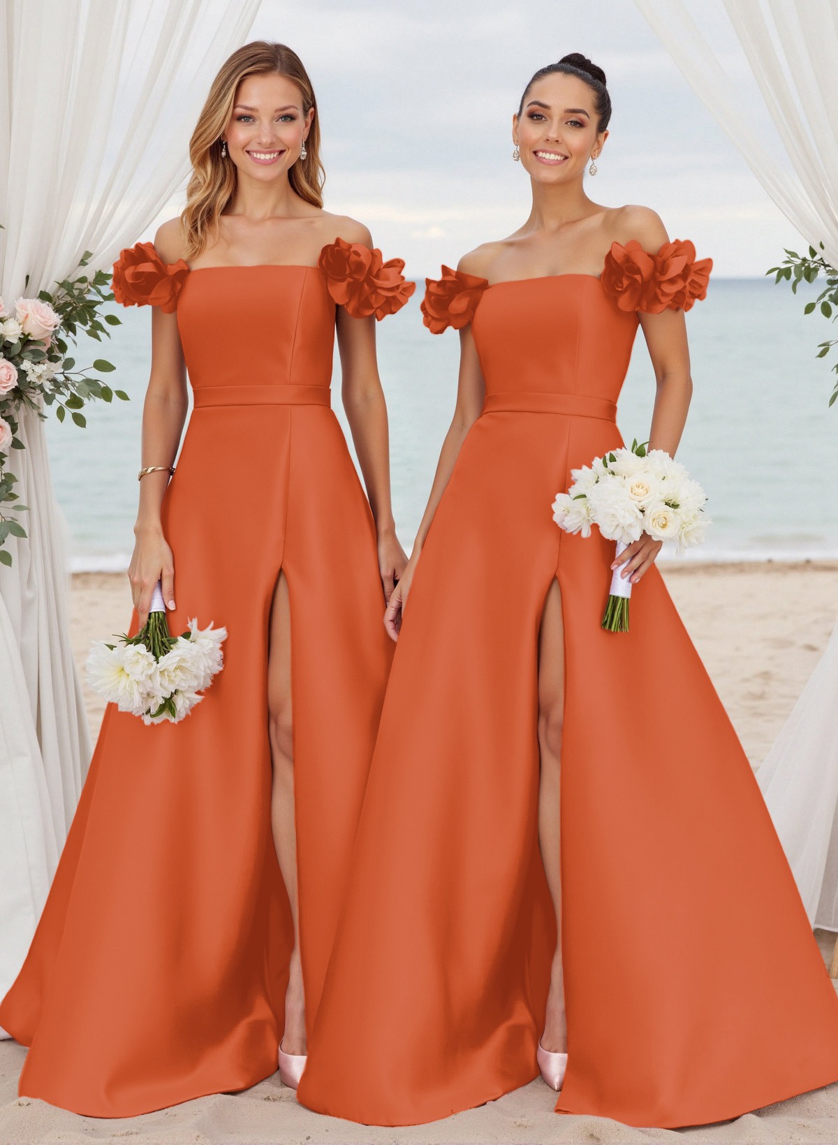 Unique Ruffle Flower(s) Off-The-Shoulder High Split A-Line Satin Bridesmaid Dresses