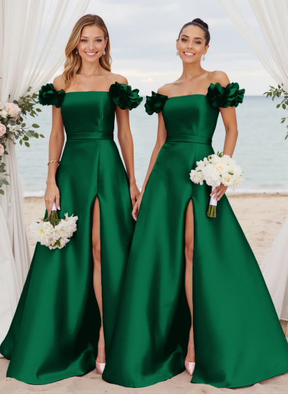 Unique Ruffle Flower(s) Off-The-Shoulder High Split A-Line Satin Bridesmaid Dresses