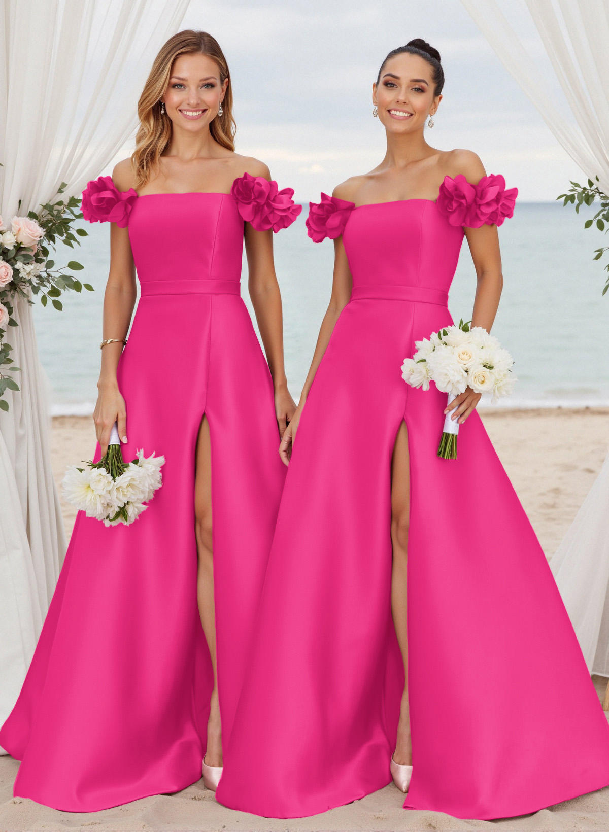 Unique Ruffle Flower(s) Off-The-Shoulder High Split A-Line Satin Bridesmaid Dresses