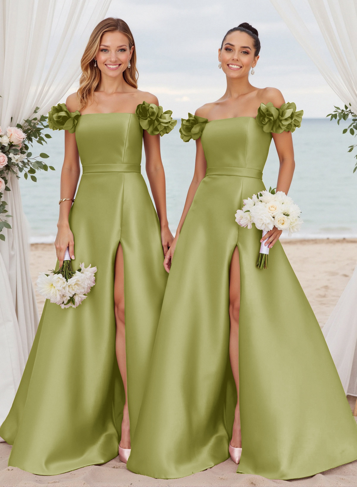 Unique Ruffle Flower(s) Off-The-Shoulder High Split A-Line Satin Bridesmaid Dresses