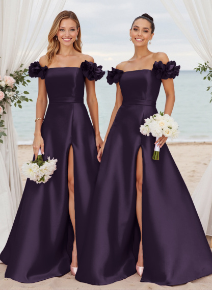 Unique Ruffle Flower(s) Off-The-Shoulder High Split A-Line Satin Bridesmaid Dresses