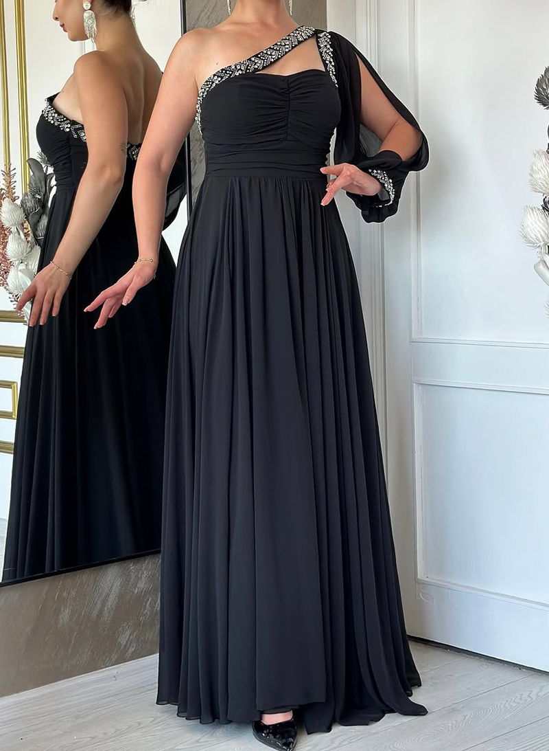 Elegant Sequins One-Shoulder Long Sleeves A-Line Chiffon Mother Of The Bride Dresses