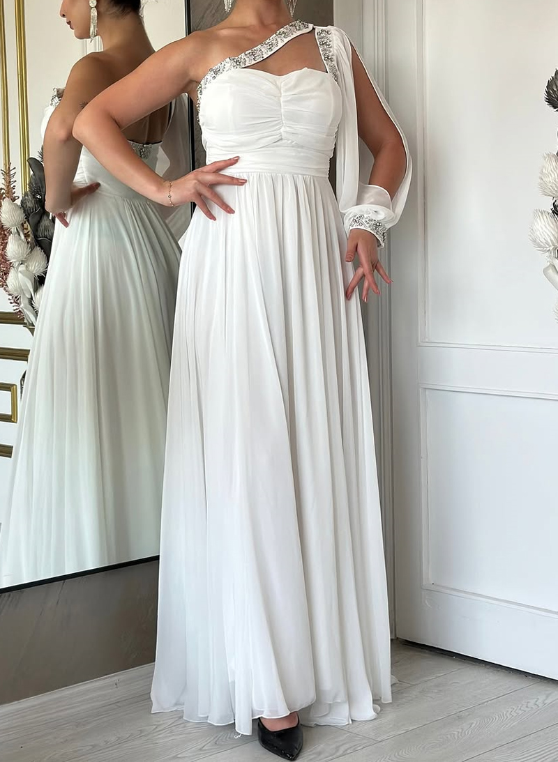 Elegant Sequins One-Shoulder Long Sleeves A-Line Chiffon Mother Of The Bride Dresses