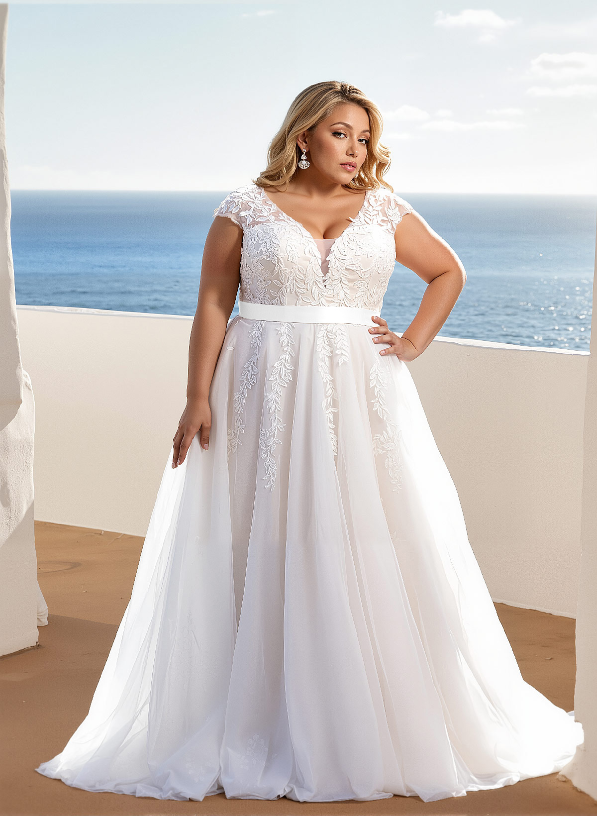 Plus Size A-Line V-Neck Sleeveless Sweep Train Tulle Wedding Dresses With Lace, product image 1