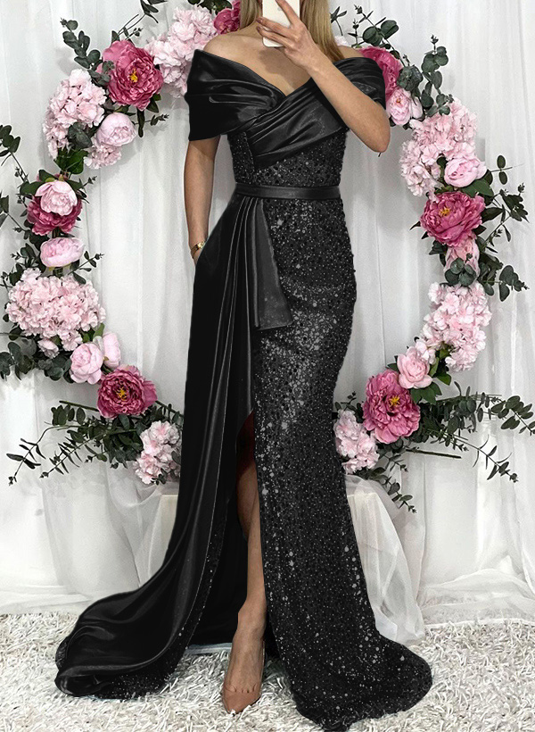 Sheath/Column Liquid Satin/Sequined Bridesmaid Dresses With High Split