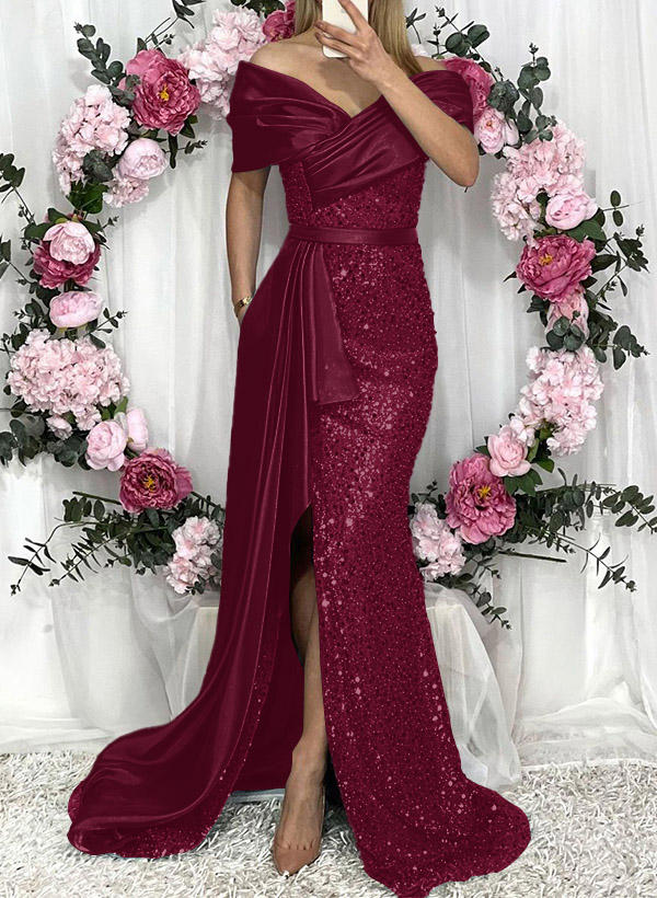 Sheath/Column Liquid Satin/Sequined Bridesmaid Dresses With High Split