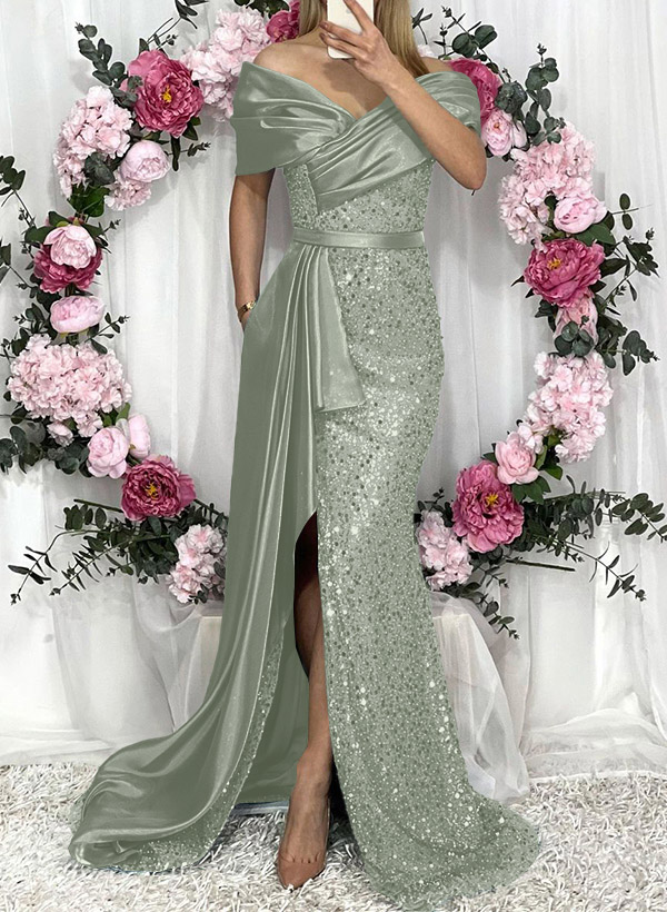 Sheath/Column Liquid Satin/Sequined Bridesmaid Dresses With High Split
