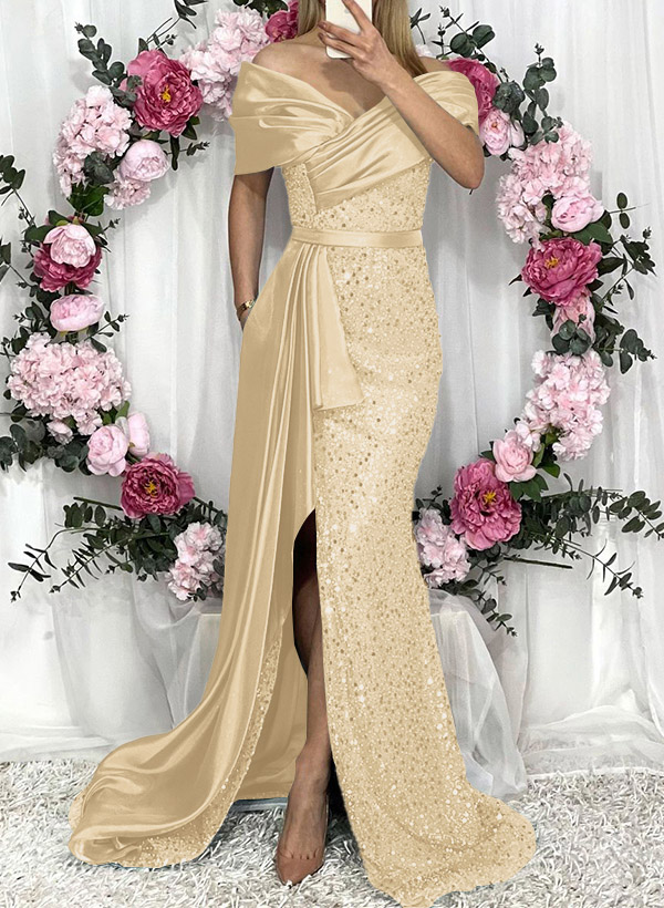 Sheath/Column Liquid Satin/Sequined Bridesmaid Dresses With High Split