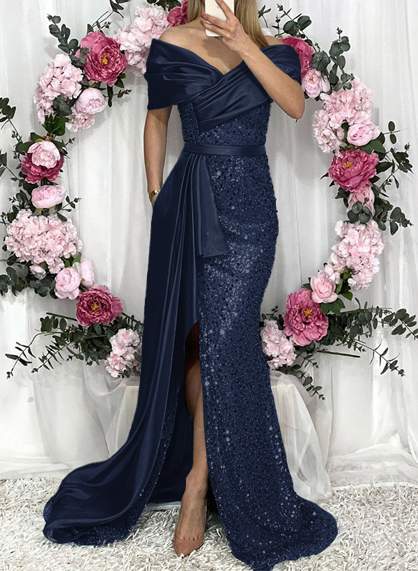 Sheath/Column Liquid Satin/Sequined Bridesmaid Dresses With High Split