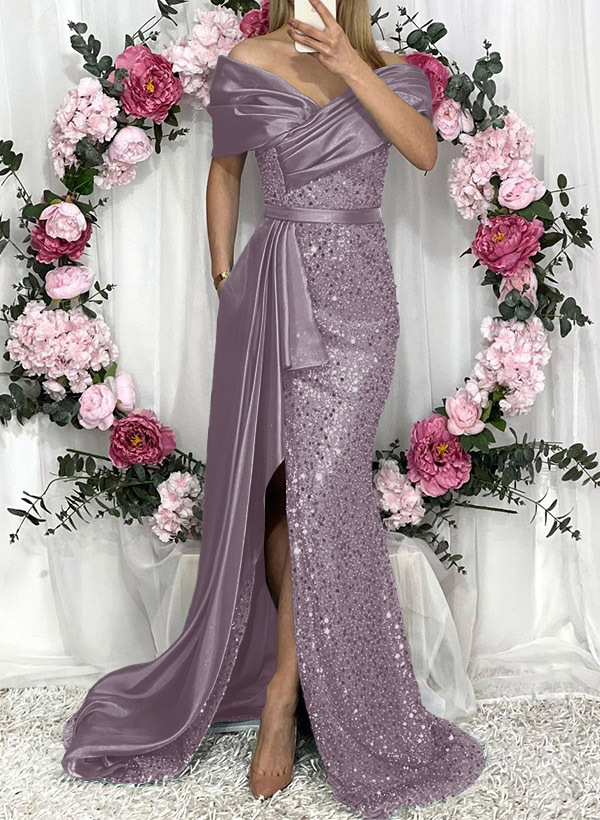 Sheath/Column Liquid Satin/Sequined Bridesmaid Dresses With High Split