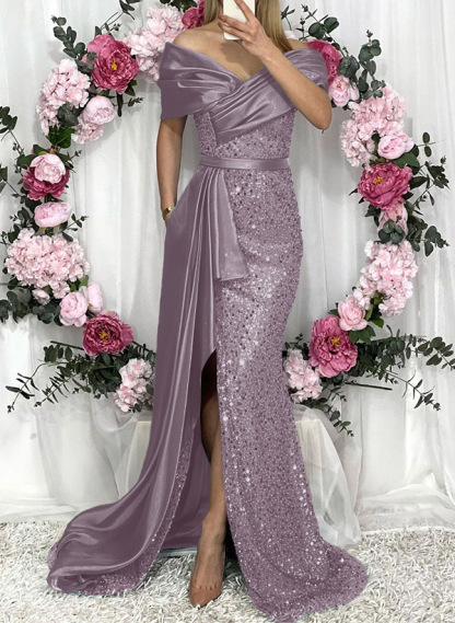 Sheath/Column Liquid Satin/Sequined Bridesmaid Dresses With High Split