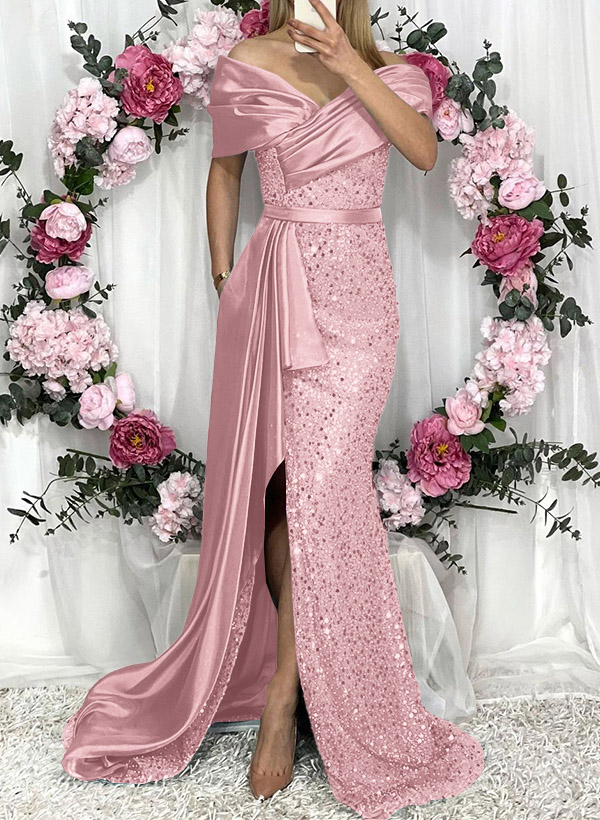 Sheath/Column Liquid Satin/Sequined Bridesmaid Dresses With High Split