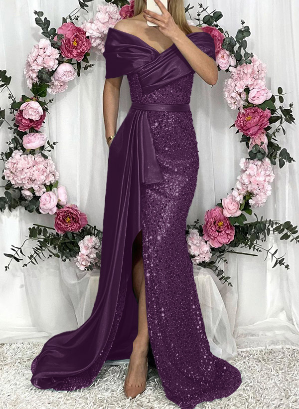 Sheath/Column Liquid Satin/Sequined Bridesmaid Dresses With High Split