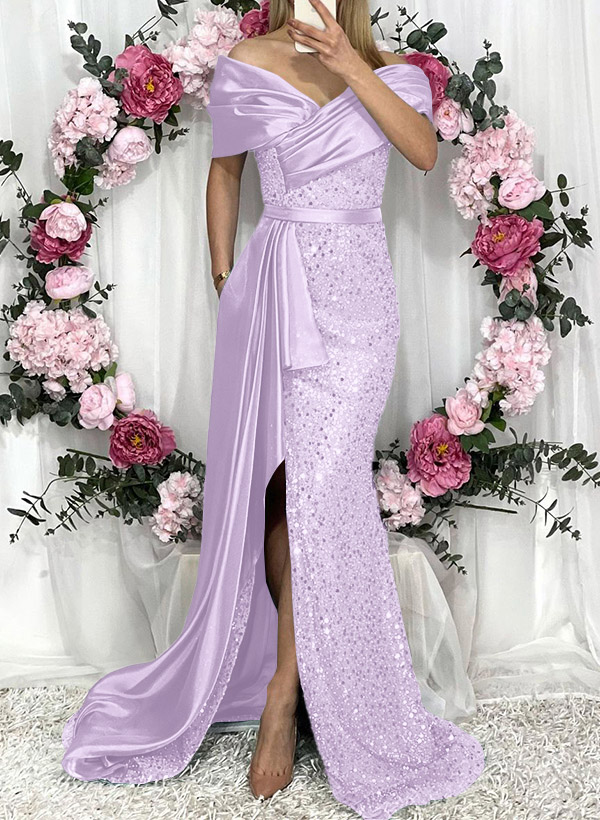 Sheath/Column Liquid Satin/Sequined Bridesmaid Dresses With High Split