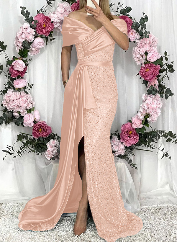 Sheath/Column Liquid Satin/Sequined Bridesmaid Dresses With High Split