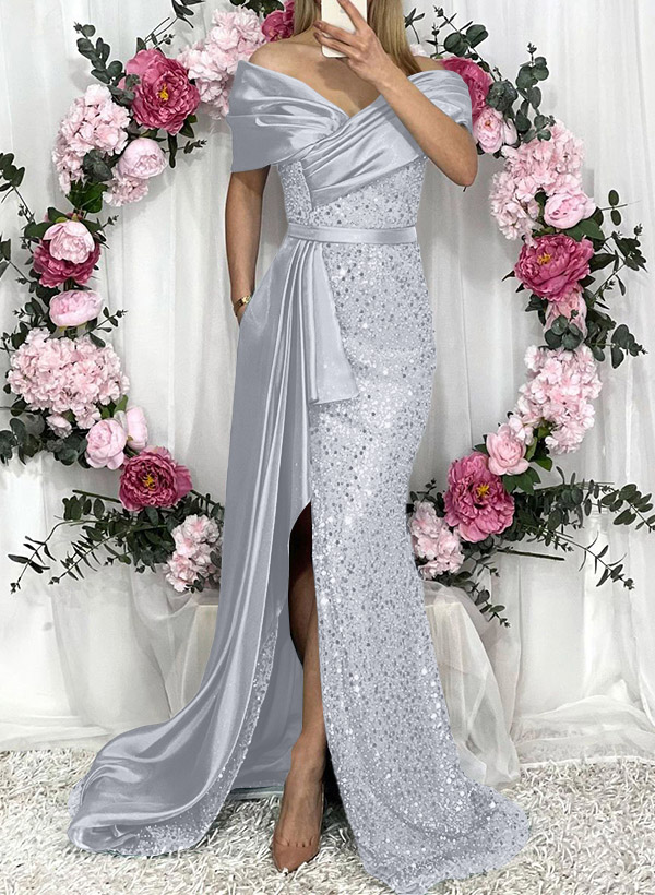 Sheath/Column Liquid Satin/Sequined Bridesmaid Dresses With High Split