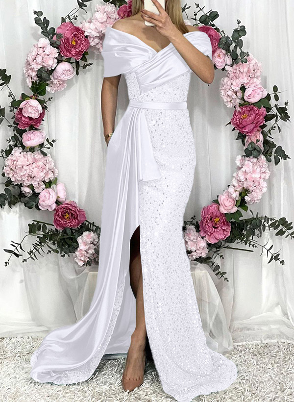 Sheath/Column Liquid Satin/Sequined Bridesmaid Dresses With High Split