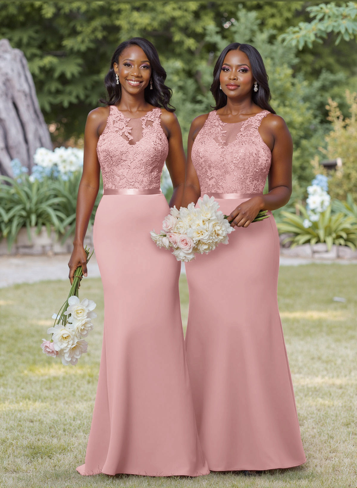 Exquisite Illusion Neck Cutout On The Back Elastic Satin Bridesmaid Dresses With Lace in Blush, US2