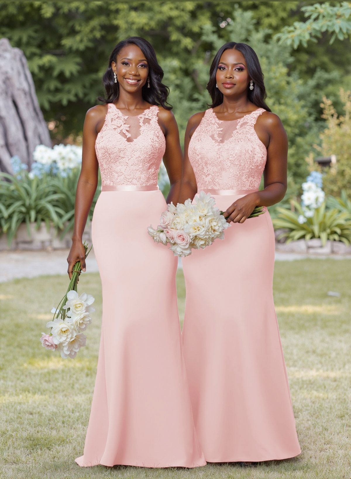 Exquisite Illusion Neck Cutout On The Back Elastic Satin Bridesmaid Dresses With Lace, product image 15