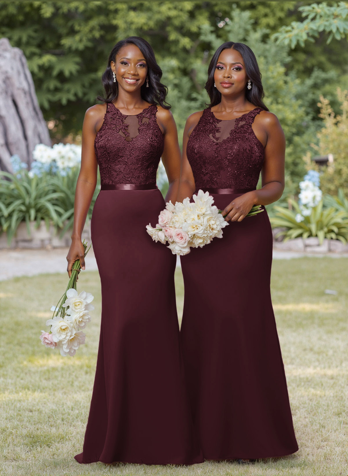 Exquisite Illusion Neck Cutout On The Back Elastic Satin Bridesmaid Dresses With Lace, product image 4