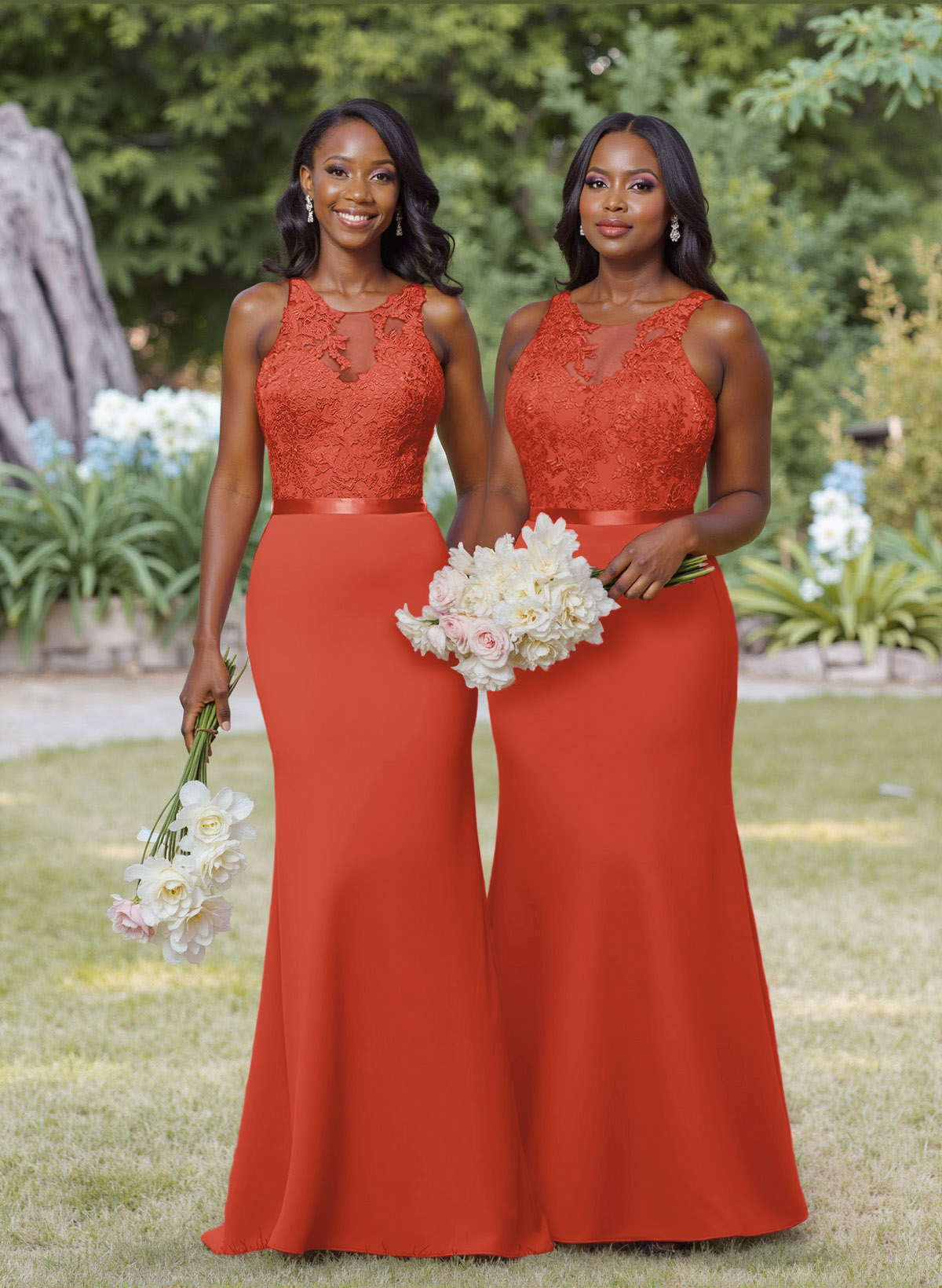 Exquisite Illusion Neck Cutout On The Back Elastic Satin Bridesmaid Dresses With Lace, product image 54